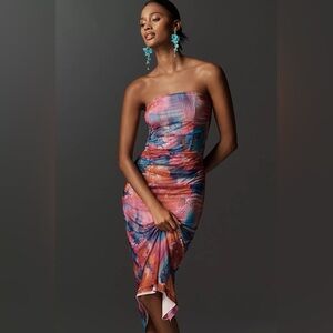 Anthropologie The Soleil Slim Strapless Ruched Mesh Dress